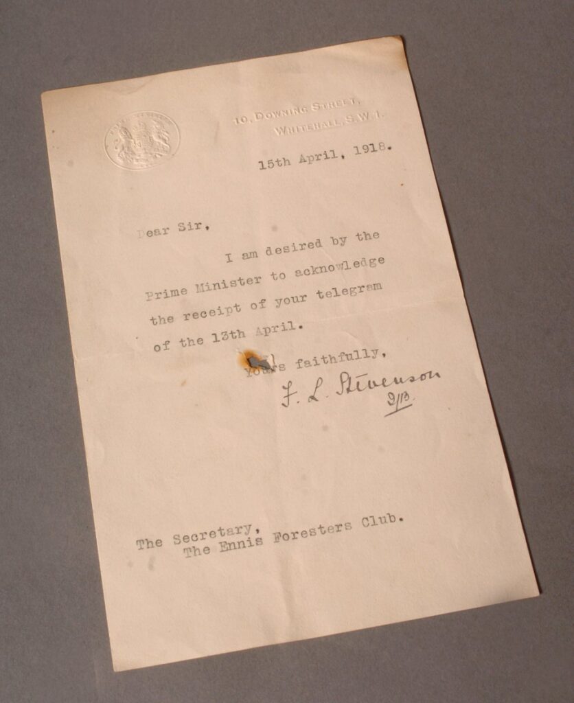 Letter from Downing Street London to Ennis Foresters from a Ms Stephenson