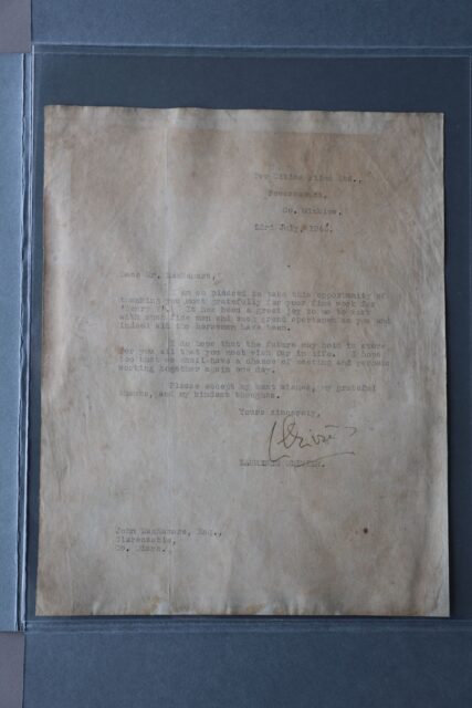 Conserved letter, in see-through Mylar Sleeve.