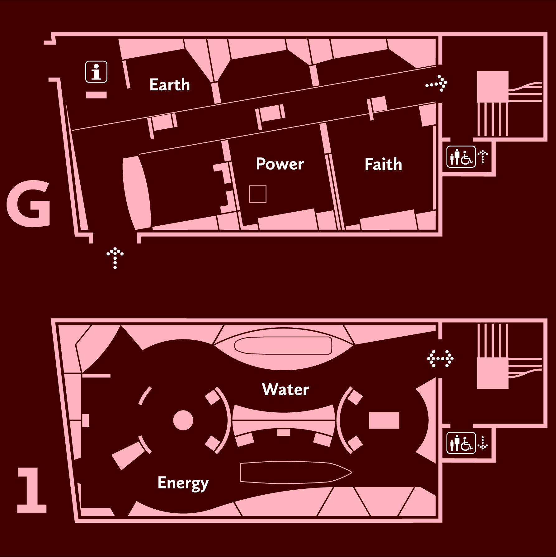 Diagram showing floorplans of the Museum's ground- and first-floor exhibition spaces
